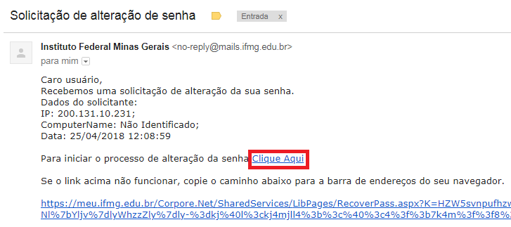 Imagem do e-mail enviado após a solicitação de recuperação de senha.