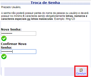 Imagem da janela de alteração de senha