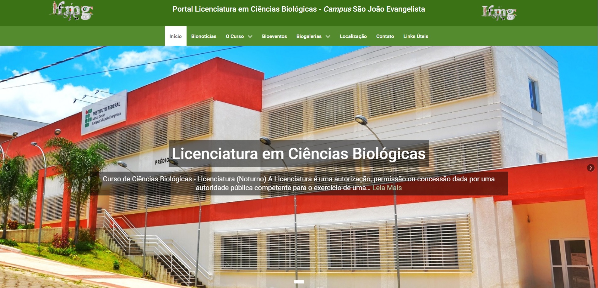 Página principal do novo portal do Curso de Licenciatura em Ciências Biológicas.