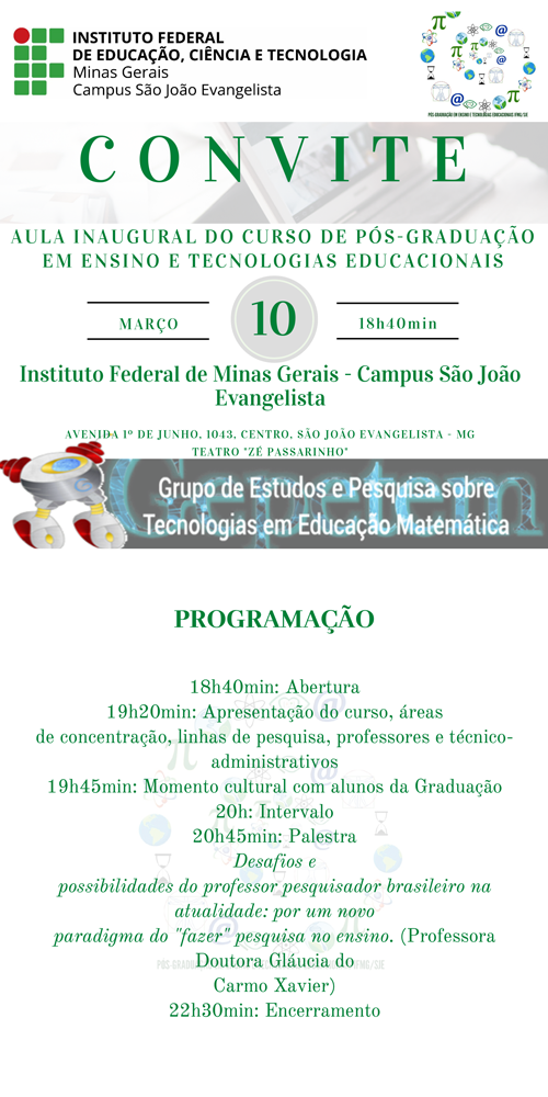 Convite para a aula inaugural do curso de Pós Graduação em Ensino e Tecnologias Digitais
